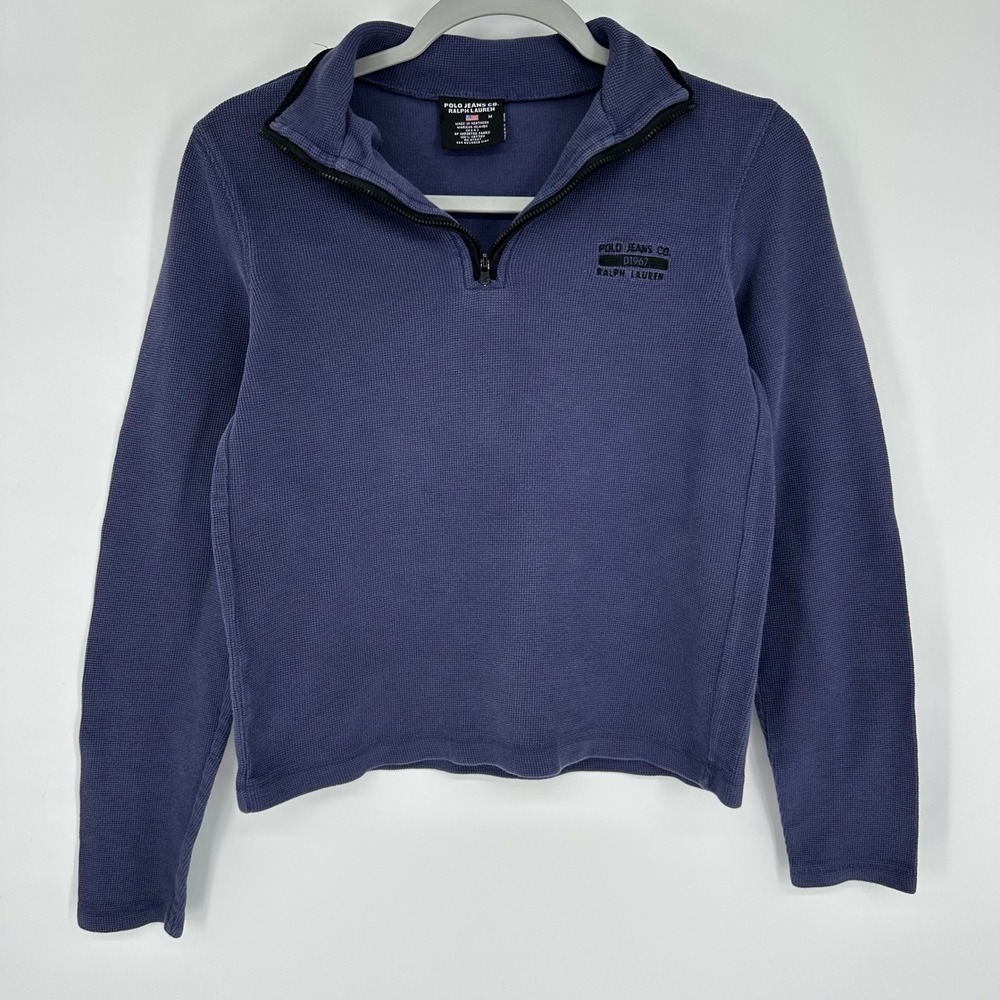 Vintage Polo‎ Jeans Co Ralph Lauren Blue Waffle Knit Quarter Zip Pullover Size M